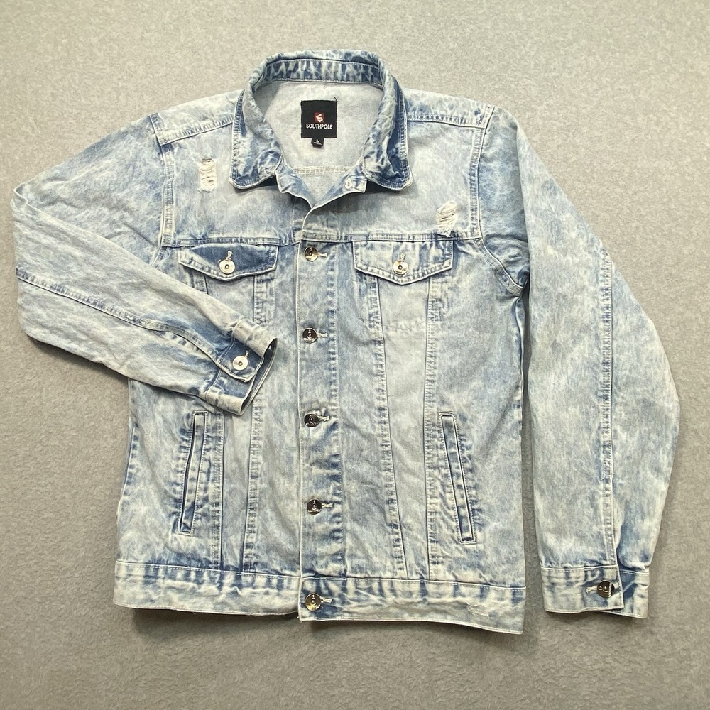 Vintage Southpole Denim Ripped Jean Jacket Mens Size L Button‎ Up Pockets